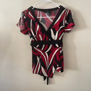 Y2K Babydoll Top Womens Small Faux Wrap Top w/ Split Sleeves Red Black Iz Byer